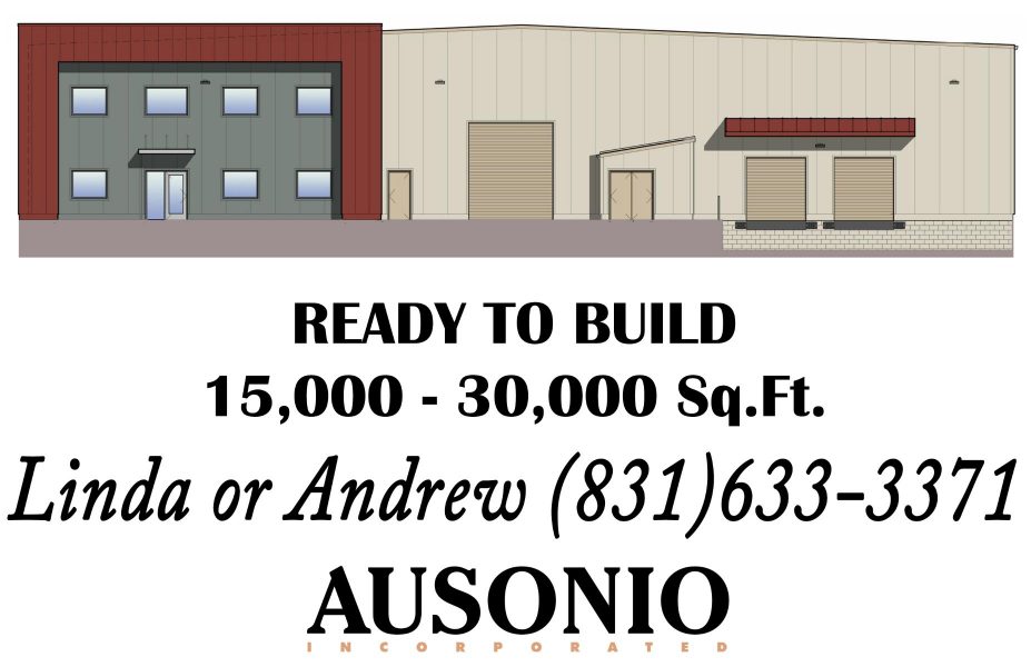 An Image Of A Sales Flyer For Lot 46 Of Castroville Industrial Park. Text Says &Quot;Ready To Build. 15,000-30000 Square Feet. Linda Or Andrew (831) 633-3371. Ausonio Incorporated Logo.