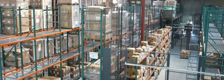 Storage area with boxes inside a grocery facility.