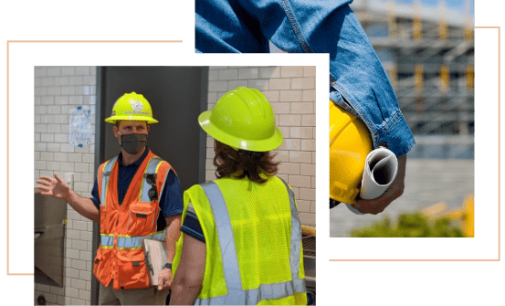 Two images of construction managers on job sites.